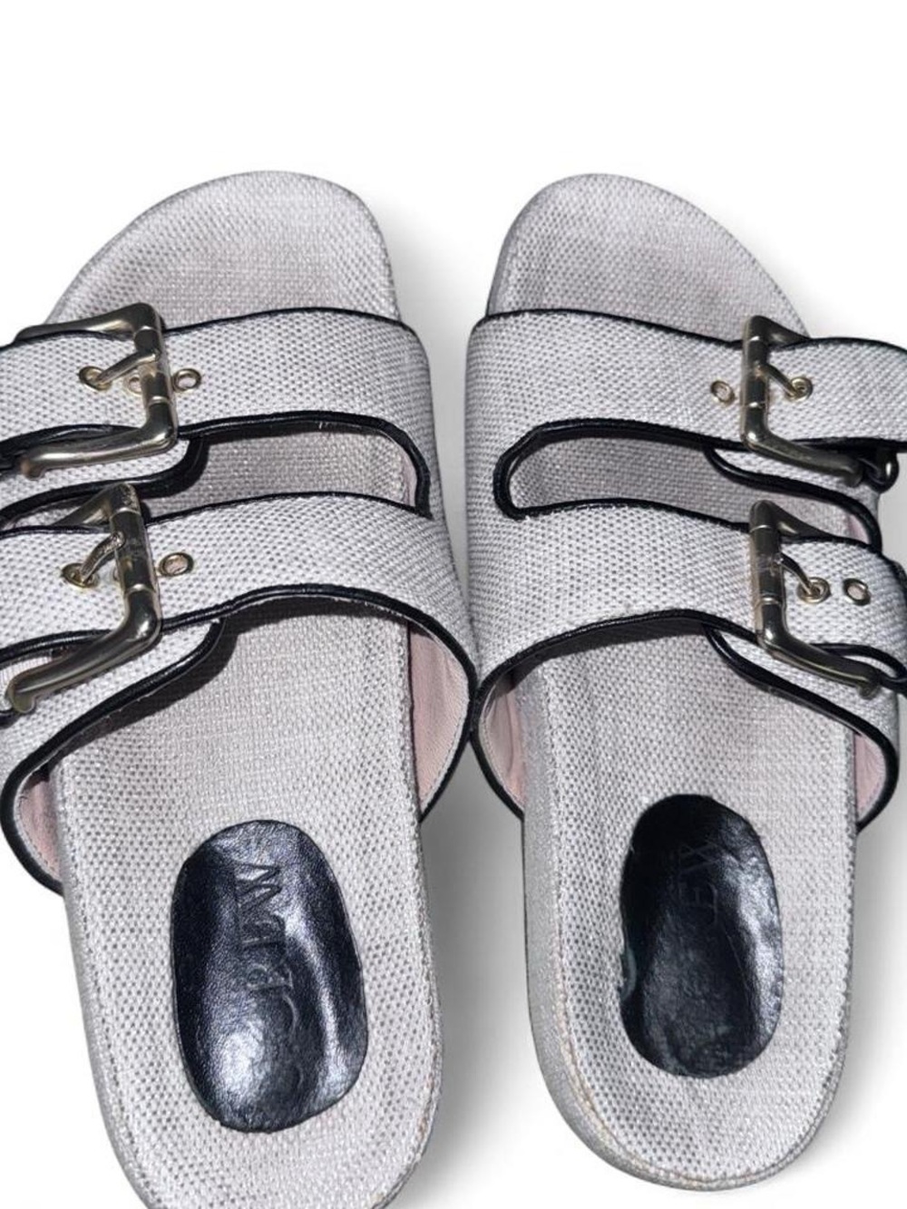J. Crew White Double-Buckle Slide Sandals with Black Trim